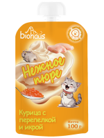Лакомство для кошек BIOHAUS Нежное пюре Курица с перепелкой и икрой, 100 г