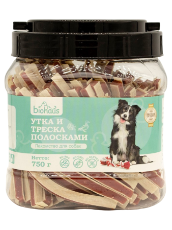 Лакомство для собак BIOHAUS Утка и треска полосками, 750 г