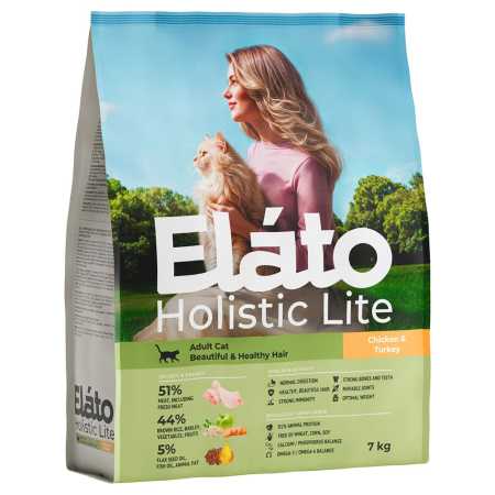 Корм Elato Holistic Lite для взрослых кошек для здоровой шерсти, с курицей и индейкой, 7 кг