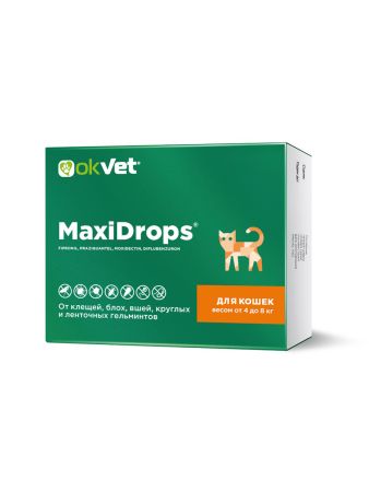 Капли от клещей и блох OKVET МаксиДропс для кошек от 4 кг до 8 кг, туба по 1 мл