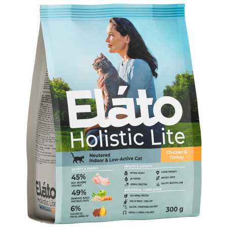 Корм Elato Holistic Lite для кастрированных котов и стерилизованных кошек, курица-индейка, 300 г