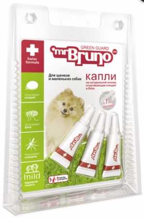 Капли репеллентные Мистер Бруно для щенков и  маленьких собак до 10 кг, уп. 3 пипетки, по 1 мл.