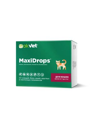 Капли от клещей и блох OKVET МаксиДропс для кошек от 1 кг до 4 кг, туба по 0,5 мл