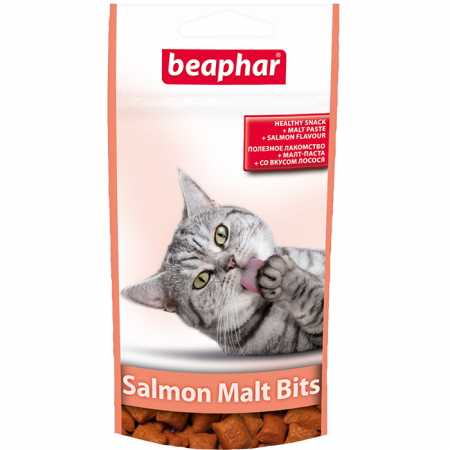 Лакомство для кошек Beaphar Подушечки Salmon Malt Bits для выведения шерсти из желудка, лосось, 35 г