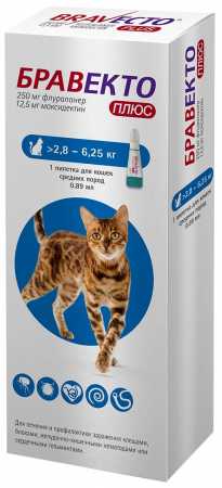Бравекто ® Плюс 250 мг капли для кошек 2,8-6,2 кг 1 пипетка, в упаковке