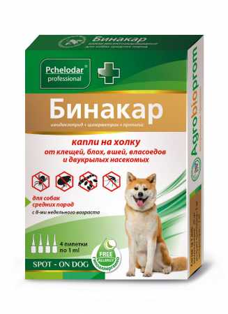 Пчелодар Бинакар капли для средних собак от блох и клещей 4 пип. по 1,0 мл.