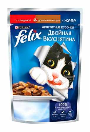 Felix пауч консервы для кошек двойная вкуснятина с говядиной и домашней птицей 85 г.