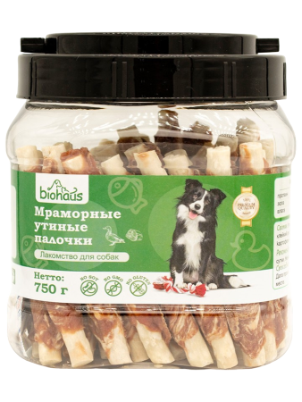 Лакомство для собак BIOHAUS Мраморные утиные палочки, 750 г