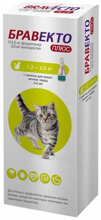 Бравекто ® Плюс капли 112,5 мг для кошек 1,2-2,8 кг 1 пипетка, в упаковке