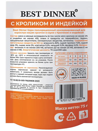 фото Корм влажный Best Dinner Базис с кроликом и индейкой, кусочки в соусе, 75 г