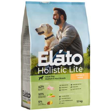 Корм Elato Holistic Lite для собак средних и крупных пород, с курицей и индейкой, 12 кг