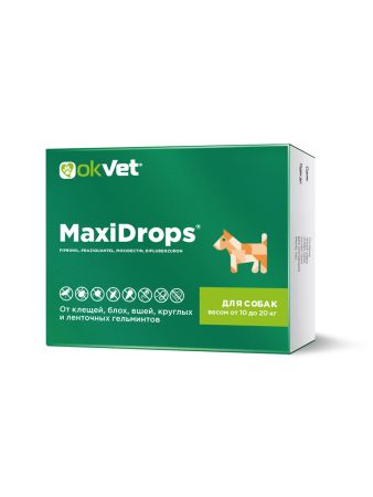 Капли от клещей и блох OKVET МаксиДропс для собак от 10 кг до 20 кг, туба по 2 мл