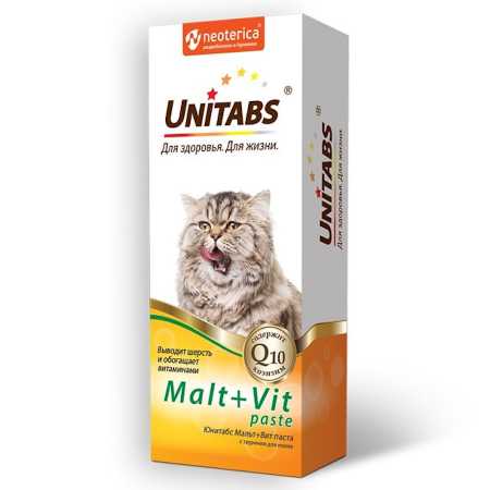 Мальт-паста для выведения шерсти Юнитабс Мальт+Вит паста (Malt+Vit) для  кошек, 120 гр.