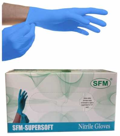Перчатки нитриловые 24 см смотровые нестерильные голубые размер M, SFM-SUPERSOFT 100 пар