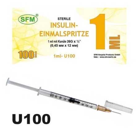 Шприц 1мл (инсулин) с ОРАНЖ. ПОРШНЕМ U100 (3-х) со съемной иглой 0,45х12-26 G SFM (100шт/уп)