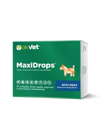 Капли от клещей и блох OKVET МаксиДропс для собак от 40 кг до 60 кг, туба по 6 мл